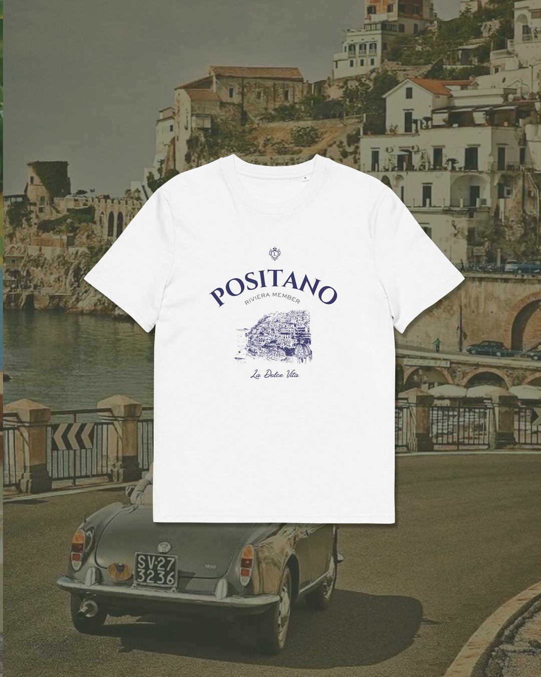 White t-shirt with 'Positano' print over a vintage Italian street scene.